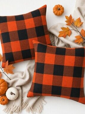 Set of Two Halloween Pillow Covers • Orange Black Buffalo Plaid • 18x18